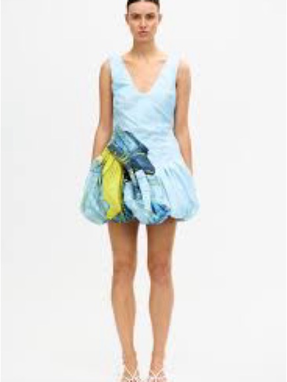 NWT ACLER GERRANS Light Blue V-Neck Bubble Hem Dress with Green Accent